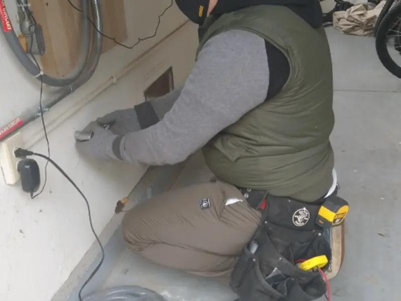 Electrician performing outlet wiring in a Friona garage